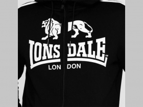 Lonsdale čierna pánska mikina na zips s kapucou s bielym tlačeným logom, materiál 65%polyester 35%bavlna, dve bočné vrecká, kapuca stiahnuteľná šnúrkou